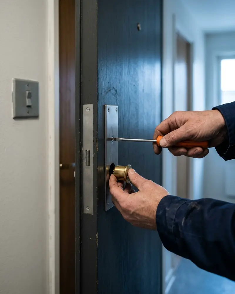 Hender som setter en messingsylinder inn i en mørk dørlås med en oransje skrutrekker
