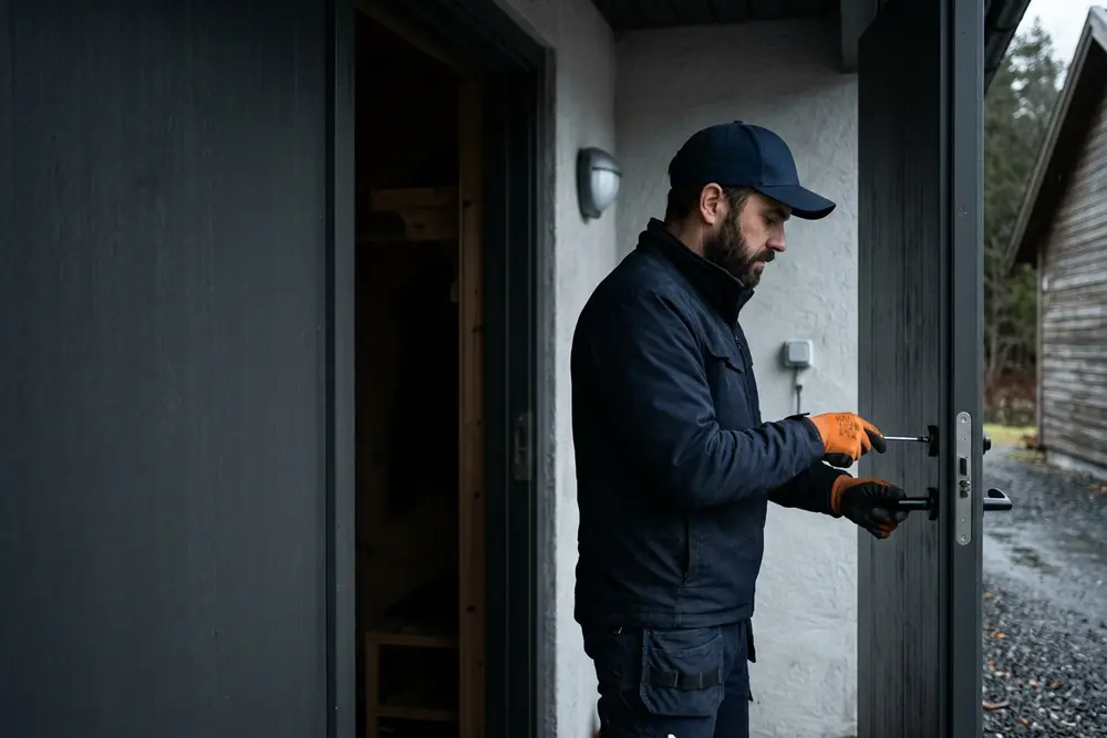 Låsesmed med blå caps og oransje hansker monterer en lås i en mørk grå dør
