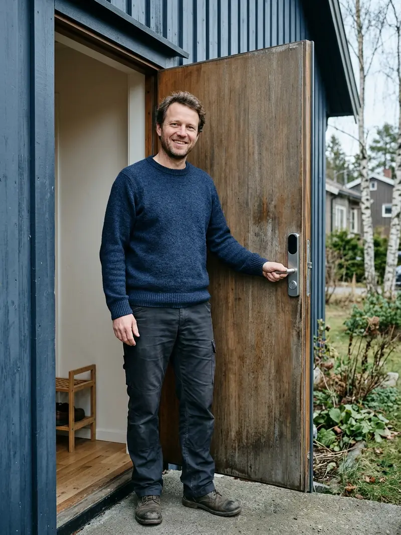 Smilende mann holder opp en trådør på en enebolig med moderne dørlås