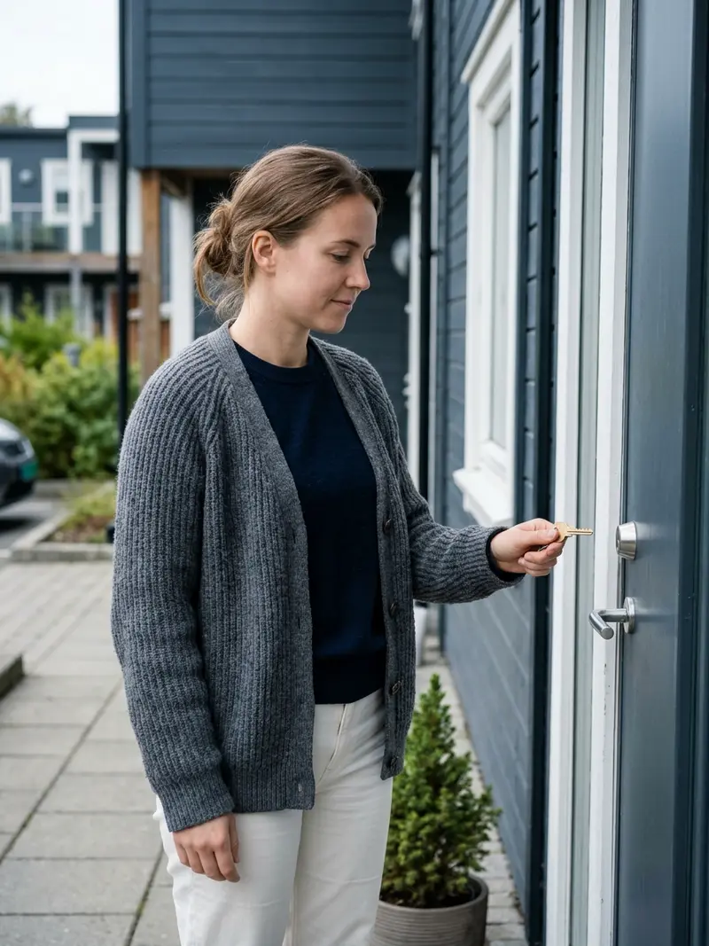 Kvinne med nøkkel foran inngangsdøren til et leilighetsbygg