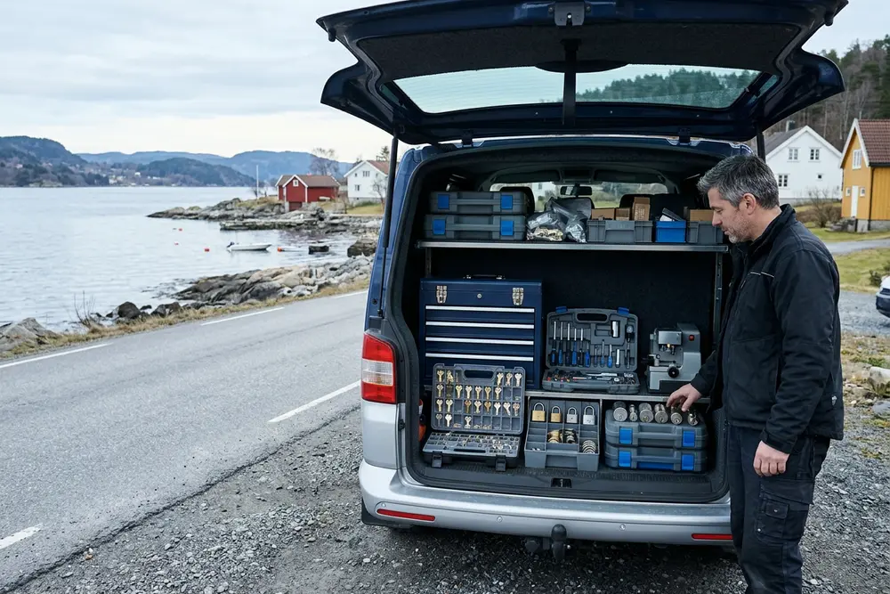 Åpen varebil med ordnede verktøykasser, nøkkelemner og sylindere ved en vei langs fjorden