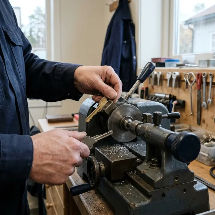 Hender som lager en ekstra nøkkel på en nøkkelkopieringsmaskin
