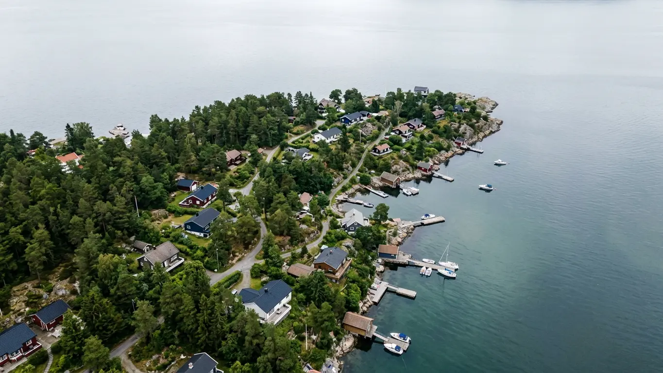 Nesodden-halvøya sett ovenfra med hus mellom furuskog og rolig Oslofjord