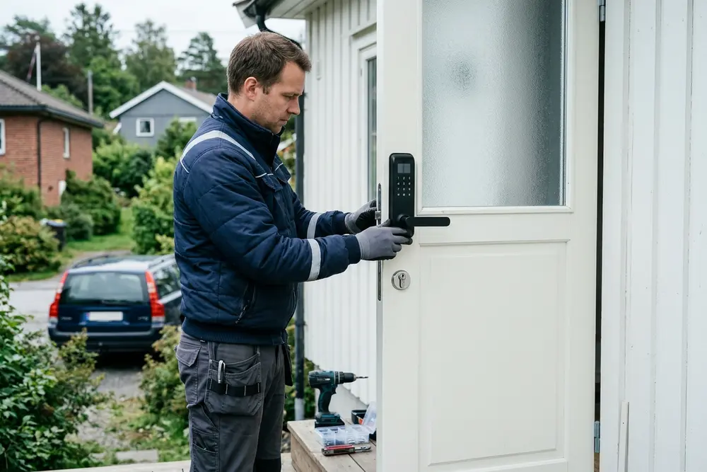 Låsesmed monterer svart smartlås med kodepanel på hvit enebolig-dør