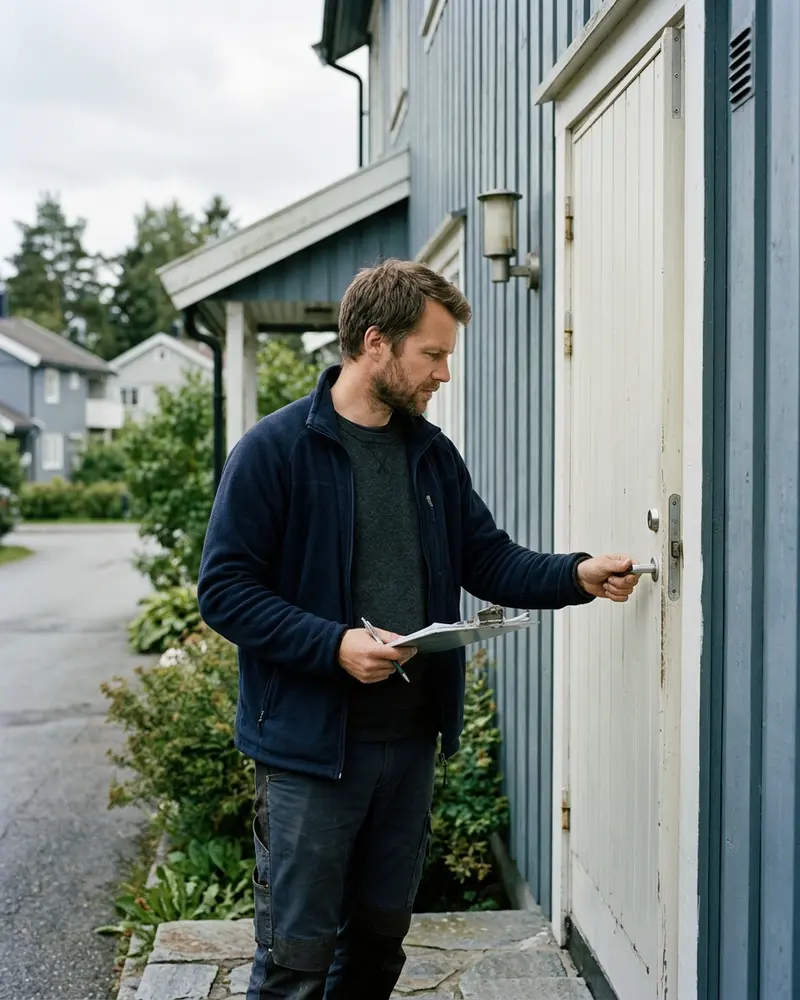 Låsesmed med skrivebrett vurderer lås og hengsler på en ytterdør