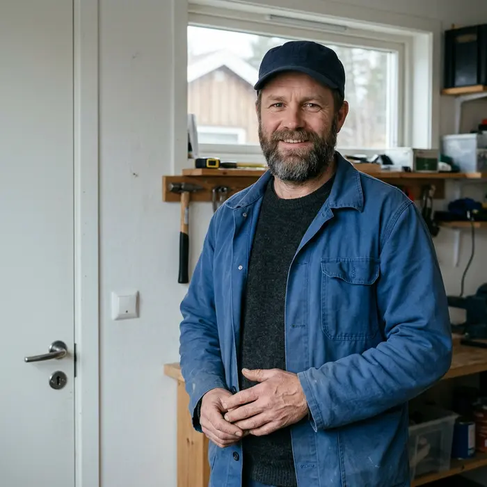 Lars Holm, teknisk leder, i blå arbeidsjakke og caps