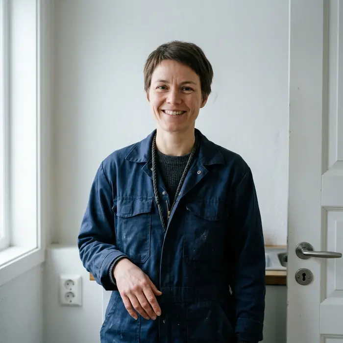 Mia Berg, låsesmed, i marineblå arbeidsdress
