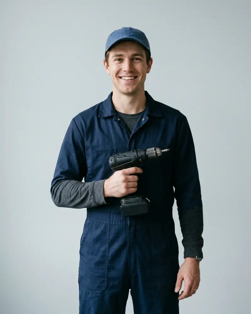 Smilende låsesmed i blå caps og blå arbeidsdress med en svart batteridrill